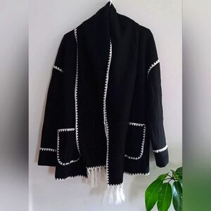 Black and White Button Jacket, Cardigan with Scarf